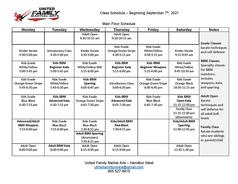 New Fall Schedule UFMA Martial Arts Hamilton West